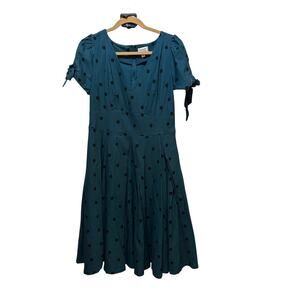 Unique Vintage Green Black V-Neck Polka Dot Short Sleeves Midi Dress Size XL